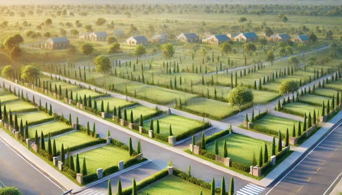 DALL·E 2024-09-04 10.22.15 - A serene and organized real estate image showcasing an empty plots society. The scene features several well-demarcated, rectangular plots of land, sur